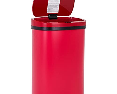 13 Gallon 50 Liter Garbage Can Kitchen Trash Can with Lid Automatic Sensor Touch Free Stainless Steel Waste Bin for Bathroom Bedroom Home Office,Red