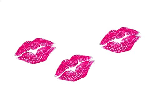 3 KISS Lips Kissing Pink Lipstick Print 2.5'' on Clear Vinyl Sticker Car or Mirror Decals ((3) 1.5'' x 2.5'', Pink on Clear)