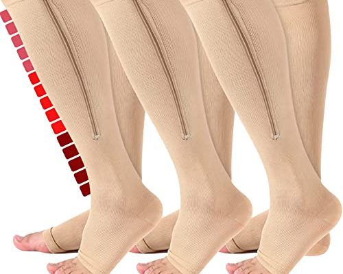 3 Pairs Zippre Compression Socks - Calf Knee High Open Toe Compression Stockings Nude 15-20mmHg Small