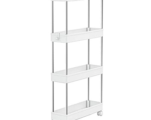 4 Tier Slim Storage Cart Mobile Shelving Unit Organizer Slide Out Storage Rolling Utility Cart Tower Rack for Kitchen Bathroom Laundry Narrow Places, Plastic & Stainless Steel, White