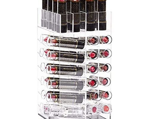 Acrylic Lipstick Tower, Rotating Cosmetic Organizer with 64 Slots (4.5 x 9.5 In)