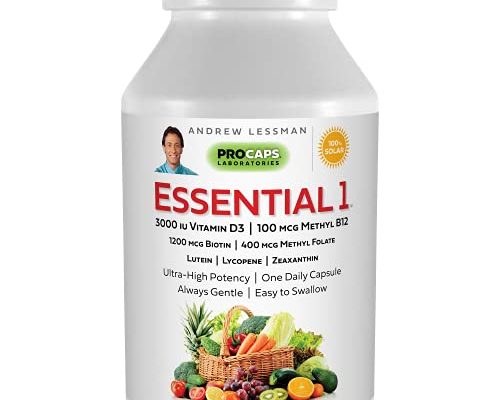 Andrew Lessman Essential-1 Multivitamin 3000 IU Vitamin D3 180 Small Capsules – 100 mcg Methyl B12. Lutein Lycopene Zeaxanthin. 24+ Nutrients. High Potency. No Additives. Ultra-Mild Only One Cap Daily