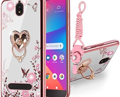 B-wishy for Blu View 2 Case for Women, Glitter Crystal Butterfly Heart Floral Slim TPU Luxury Bling Cute Protective Cover with Kickstand+Strap for Blu View 2 B130DL (Rose Gold)