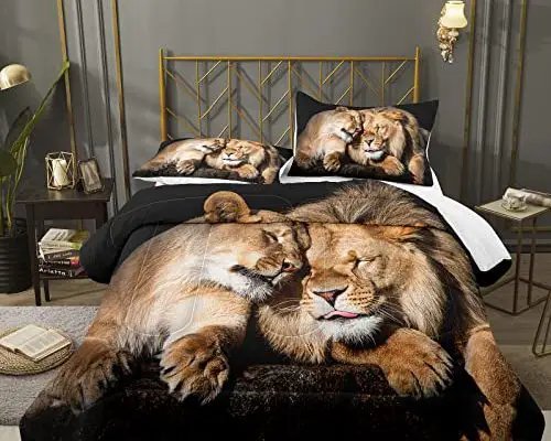 Bodhi Lover Couple Lion Comforter Set King Soft Microfiber Lion Bedding Set King Size Animal Comforter Set with Pillowcases,1 Comforter+2 Pillow Shams #4004