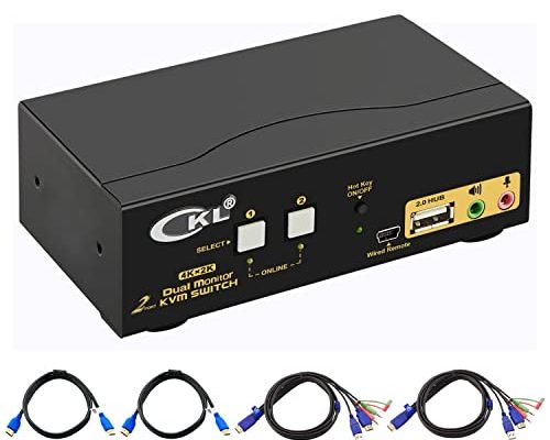 CKL HDMI KVM Switch 2 Port Dual Monitor Extended Display, USB KVM Switch HDMI 2 in 2 Out with Audio Microphone Output and USB 2.0 Hub, PC Monitor Keyboard Mouse Switcher 4K@30Hz CKL-922HUA