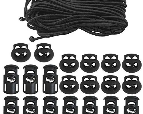DaKuan 20 PCS Plastic Cord Locks & Elastic Bungee Nylon Shock Cord 5/32" 50 ft Lengths, 10 PCS Sing-Hole, 10 PCS Double-Hole (Black) End Spring Toggle Stopper Slider with Crafting Stretch String