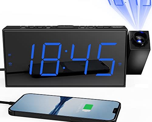 Digital Projection Alarm Clock for Bedroom, Large LED Alarm Clock with Projection on Ceiling Wall, 350°Projector,Dimmer,USB Charger, Battery Backup Loud Dual Alarm Clock for Heavy Sleeper Kids Elderly