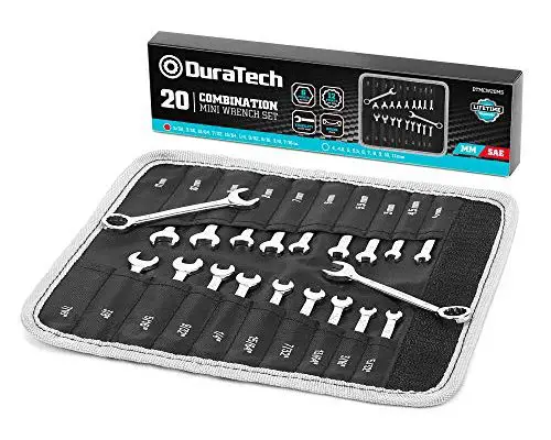 DURATECH Midget Wrench Set, Mini Combination Wrench Set, Metric & SAE, 20-Piece, 4-11mm & 5/32'' to 7/16'', Lightweight, with Rolling Pouch