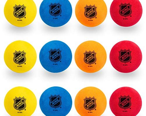 Franklin Sports Knee Hockey Balls - Indoor Mini Foam Hockey Balls for Kids - 12 Soft Foam Hockey Balls - Assorted Colors - Drawstring Bag