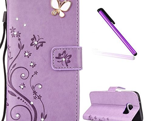 Galaxy S6 Case, LEECOCO Embossed Floral 3D Handmade Bling Crystal Diamonds Butterfly with Card Slots Magnetic Flip Stand PU Leather Wallet Case for Samsung Galaxy S6 Light Purple Bling Butterfly
