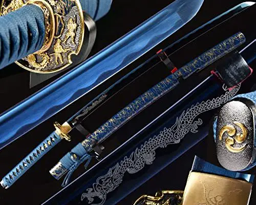 Handmade Authentic 1095 High Carbon Steel,Clay Tempered T10 Steel Japanese Samurai Sword Full Tang Razor Sharp Blue Dragon Katana Real Weapons Combat Ready (Blue Dragon)