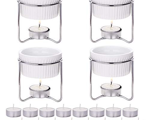 Hiware 4 Pieces Ceramic Butter Warmers with 16 Pieces Tealight Candles Set for Seafood, Fondue - Dishwasher Safe