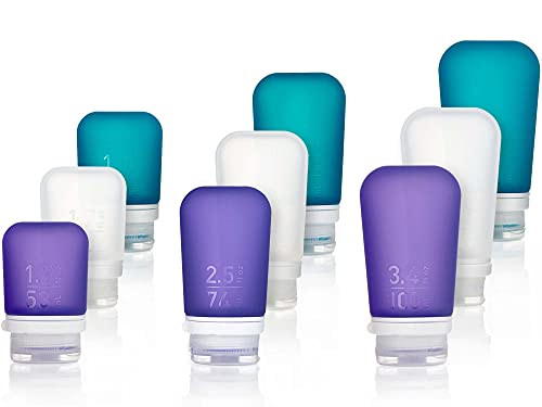 Humangear GoToob+ Refillable Silicone Travel Size Bottles with Locking Cap, 3pk Set, Purple, Clear, Teal, Large-3 Pack