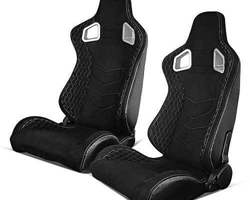 IKON MOTORSPORTS, Universal Racing Seats Pair with Dual Sliders, Suede w/White Stitch Reclinable Left Right