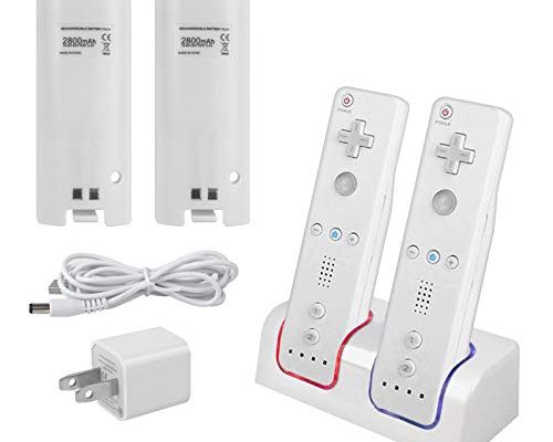 Kulannder Wii Remote Battery Charger(Free USB Wall Charger+Lengthened Cord) Dual Charging Station Dock with Two Rechargeable Capacity Increased Batteries for Wii/Wii U Game Remote Controller (White)