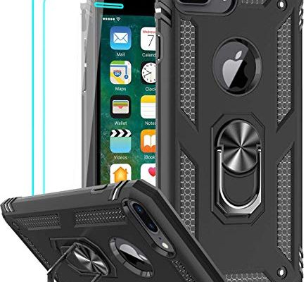 LeYi Compatible for iPhone 8 Plus Case, iPhone 7 Plus Case, iPhone 6 Plus Case with Tempered Glass Screen Protector [2 Pack], Military-Grade Phone Case with Kickstand Ring for iPhone 6s Plus, Black