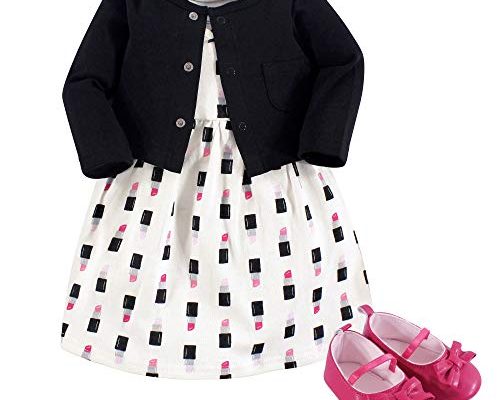 Little Treasure Baby Girls' Cotton Cardigan, Dress and Shoe, Lipstick 3-piece Set, 0-3 Months US