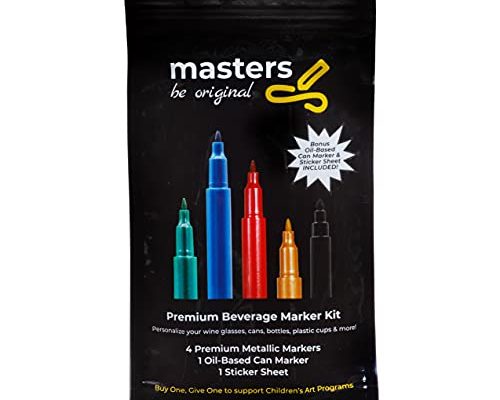 Masters Markers Washable Beverage Markers Set | Non-Toxic, Erasable Ink Writing on Cold Drinks, Bottles, Plastic Cups, Mirrors | 4 Assorted Metallics, 1 Black Oil-Based Pen, Sticker Labels, Metallic