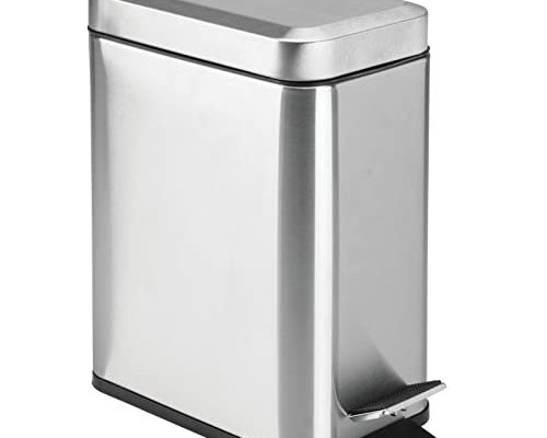 mDesign Small Modern 1.3 Gallon Rectangle Metal Lidded Step Trash Can, Compact Garbage Bin with Removable Liner Bucket and Handle for Bathroom, Kitchen, Craft Room, Office, Garage - Brushed