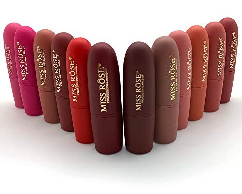 Miss Rose Long-lasting Matte Lipstick Set, 12 PCS Multi Colored featuring full-pigment lip color with a smooth, ultra-matte finish in 12 shades