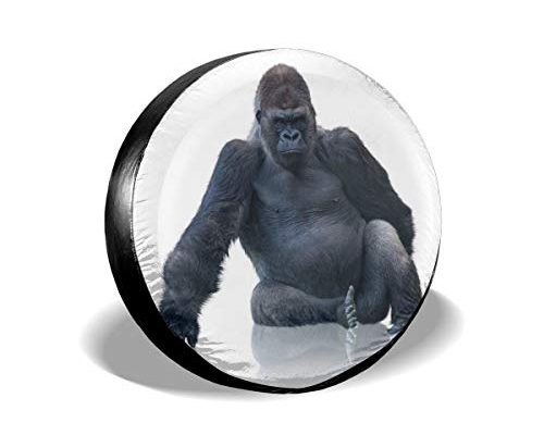 Moslion Tire Cover Black Silverback Gorilla Gorilla Sitting On White Background Wild Animal Weatherproof Wheel Cover Fit for Jeep,Trailer, RV, SUV and Many Vehicle 16"