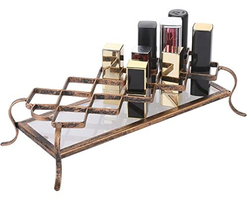 MyGift 10-Slot Vintage Brass Metal Makeup Holder with Acrylic Base, Lipstick and Mascara Cosmetic Organizer Vanity Tray
