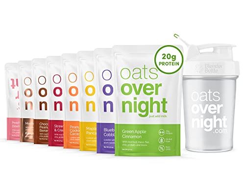 Oats Overnight - Party Variety Pack (8 Meals PLUS BlenderBottle ) High Protein, Low Sugar Breakfast Shake - Gluten Free, Non GMO Oatmeal (2.7oz per meal) Strawberries & Cream, Green Apple Cinnamon & More.