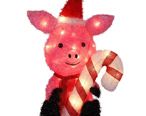 Prsildan Christmas Lighted Decoration 21" Pink Pig, 35 Lights 3D Pig with Christmas Hat & Candy Canes, Cute Decorations for Indoor Outdoor Home Kitchen Yard Garden Holiday Party