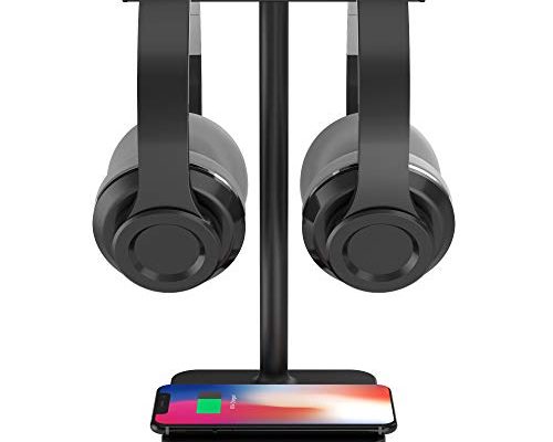 RGB Dual Headphone Stand with Wireless Charger KAFRI Desk Gaming Double Headset Holder Hanger Rack with 10W/7.5W QI Charging Pad - Suitable for Gamer Desktop Table Game Earphone