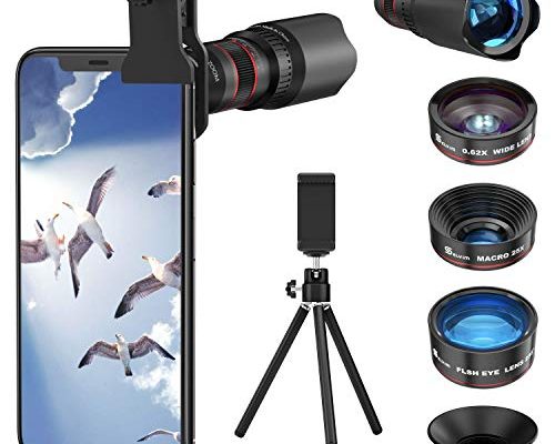 Selvim Phone Camera Lens Phone Lens Kit 4 in 1, 22X Telephoto Lens, 235° Fisheye Lens, 0.62X Wide Angle Lens, 25X Macro Lens, Compatible with iPhone 7 8 11 12 13 pro max X XS XR Android Samsung
