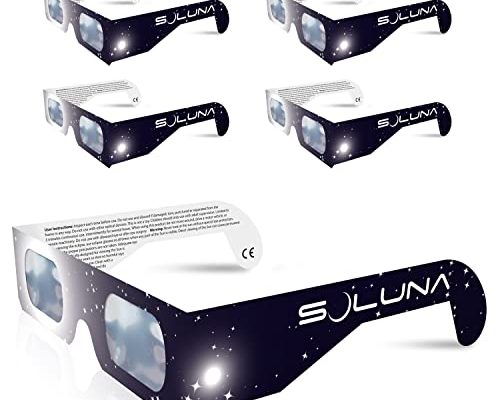Solar Eclipse Glasses - CE and ISO Certified Safe Shades for Direct Sun Viewing - Made in the USA (5 Pack) by Soluna