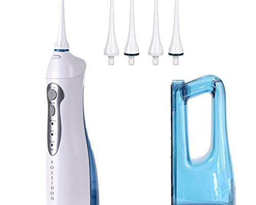 ToiletTree Products Poseidon Oral Irrigator Cordless & Portable Water Flosser with Standard Tank, Expanded Capacity Tank, and 4 Replacement Tips, Bright White