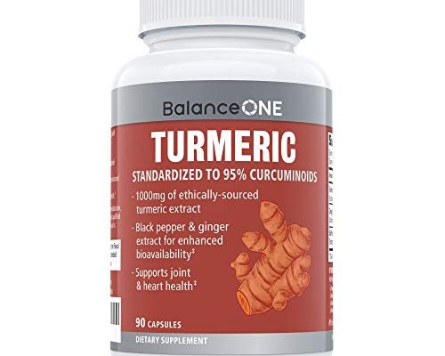 Turmeric Extract by Balance ONE - 1000mg Ethically Sourced Turmeric Curcumin, Standardized to 95% Curcuminoids - Ginger Extract and BioPerine - Vegan, Non-GMO - 30 Day Supply
