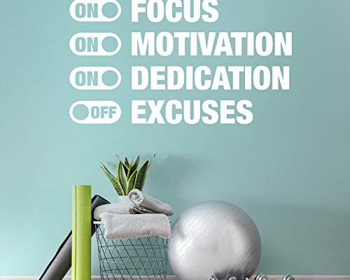 Vinyl Wall Art Decal - On Focus On Motivation On Dedication Off Excuses - 34" x 60" - Trendy Motivational Quote Sticker for Home Gym Bedroom Exercise Room Fitness Workout Crossfit Decor (White)