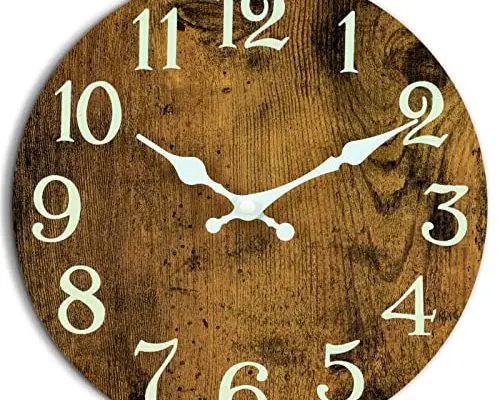 Wall Clocks Battery Operated-Akcisot Kitchen Silent 10 Inch Wooden Wall Clock Glow in The Dark-Night Light/Luminous Non Ticking Analog Clock for Bedroom, Bathroom, Living Room, Office(Brown)