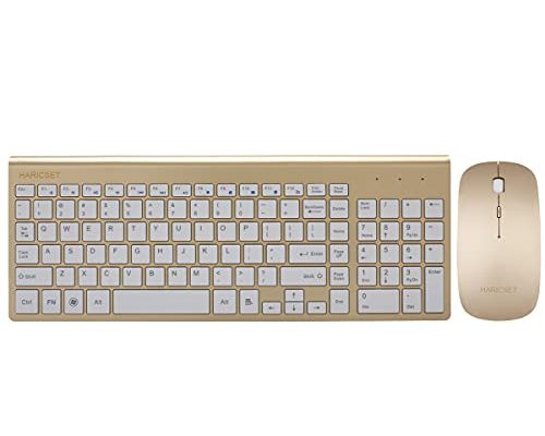 Wireless Keyboard and Mouse Combo, Haricset Full-Sized Ultra-Compact 2.4G Stable Connection Keyboard with Number Keypad and Adjustable DPI Mouse for Windows, Mac OS Office Computer (Gold)