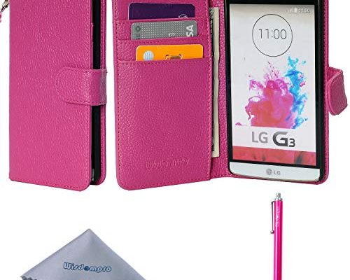 Wisdompro LG G3 Case, Premium PU Leather 2-in-1 Folio Flip Wallet Protective Case Cover Built-in Credit Card Holder Slots and with Wrist Lanyard for LG G3 - Hot Pink(Not fit LG G3 Vigor)