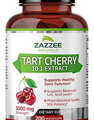 Zazzee Tart Cherry Extract Capsules, 200 Vegan Capsules, 3000 mg Strength, Potent 10:1 Extract, Over 6-Month Supply, Vegan, Non-GMO and All-Natural