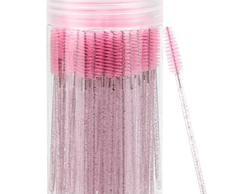 100 Pcs Disposable Mascara Wands, Crystal Eyebrow Spoolies Brush for Eyelash Extensions, Pink Lash Brushes with Container