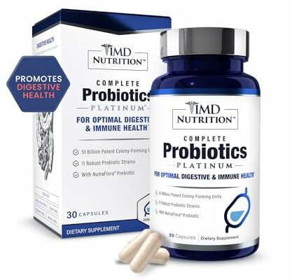 1MD Nutrition Complete Probiotics Platinum - w/Prebiotics and Probiotics for Digestive Health - Probiotic Supplement for Women & Men - More Than 50 Billion Live CFU 11 Strains Dairy-Free - 30 Caps