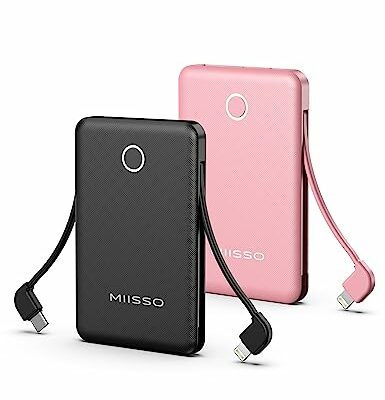 2-Pack 6000mah Ultra Slim Built in Cables Power Bank, Card Size Built in USB C Cords Battery Pack Portable Charger for Phones, 3 Output External Battery Pack Compatible with iPhone, Black & Pink