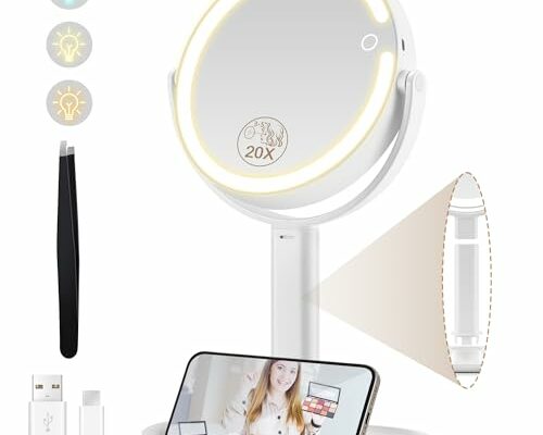 20x Magnifying Mirror with Light,Double Sided 1x/20x Magnified Mirror with Lights, Rechargeable 3 Color Lights and Adjustable Brightness Vanity Mirror, 360° Rotation Detachable for Travel with Tweezer