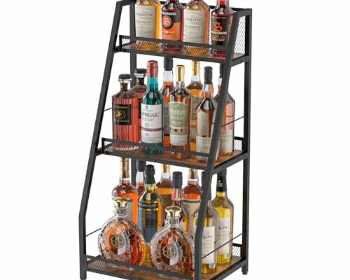 3-Tier Trapezoid Liquor Stand for Home Bar, Stepped Wine Racks Freestanding Floor for Liquor Whiskey Wine,Versatile Corner Wine Bottle Display Stand with Fences, Vintage Brown（patent pending）