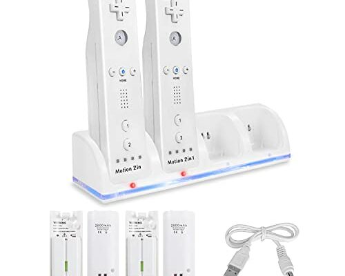 4-in-1 Charging Station for Wii&Wii U Remote Controller,Charger with 4 Rechargeable Battery Packs (4 Port Charging Station+4 pcs 2800mAh Replacement Batteries+USB Cable),Remote Not Included