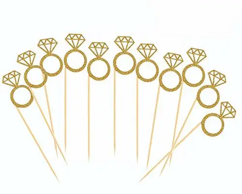 50 Pack Cupcake Toppers Gold Glitter Mini Diamond Ring Cakes Toppers for Marriage Engagement Anniversary Birthday Valentines Party Cake Decor