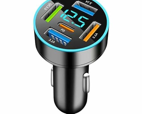 66W Car Charger Adapter 5 Port USB Car Charger PD 30W QC3.0 3.1A Car Cigarette Lighter USB Charger with LED Voltmeter Fast Car Charger Compatible with iPhone iPad Samsung