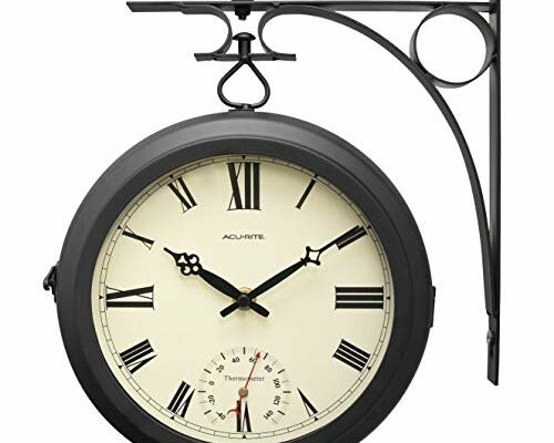 AcuRite 9-Inch Indoor/Outdoor Double-Sided Hanging Clock with 360-Degree Spin Functionality, Iron Metal Frame, Glass Lens, Quartz Crystal Movement, Weatherproof and Premium Thermometer (75140M),Black