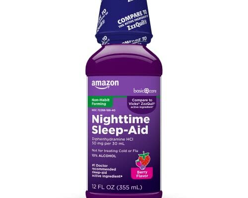 Amazon Basic Care Night Time Sleep-Aid Liquid for Adults, Diphenhydramine HCl 50 mg, Mixed Berry Flavor, Packaging May Vary, 12 fl oz (Pack of 1)