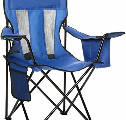 Amazon Basics Portable Camping Chair with 4-Can Cooler, Side Pocket, Cup Holder, and Carry Bag, Collapsible for Camping, Tailgates, Beach, and Sports, Large, Mesh Back, Blue