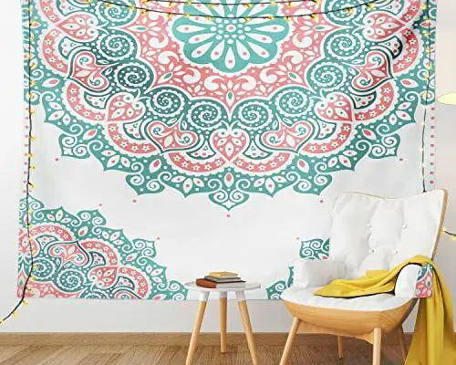 Ambesonne Oriental Tapestry, Soft Colored Mandala South Culture Inspired Floral Image, Wide Wall Hanging for Bedroom Living Room Dorm, 60" X 40", Turquoise Coral Teal